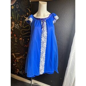 Vintage Erica Loren NY Royal Blue Lace Babydoll Nightgown Sheer Nylon Medium